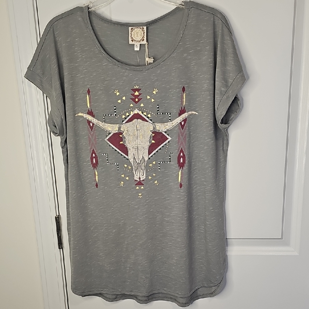 True‎ Self Trendy Gray Graphic Tee with Bull Skull Design Size XL